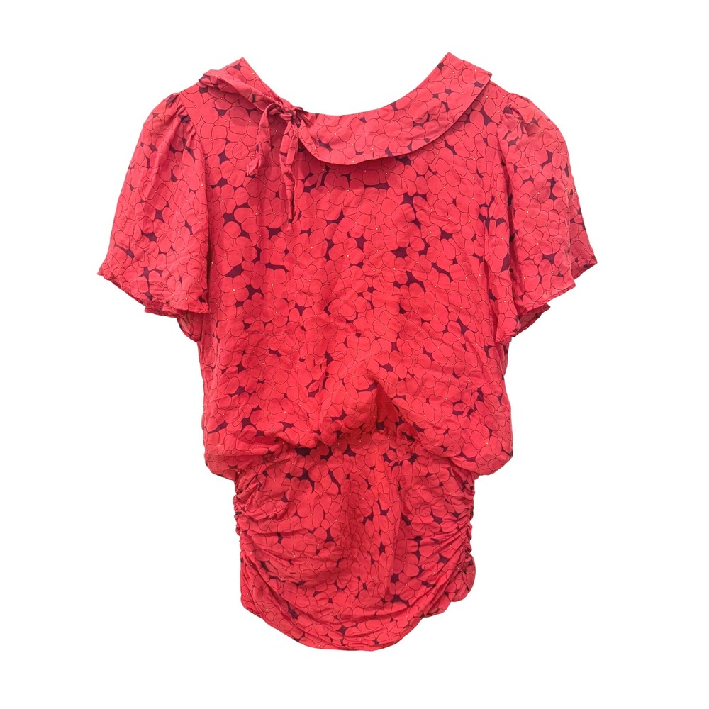Red‎ Floral 100% Silk Peter Pan Collar Ruched Waist Blouse Small Twee Retro Work
